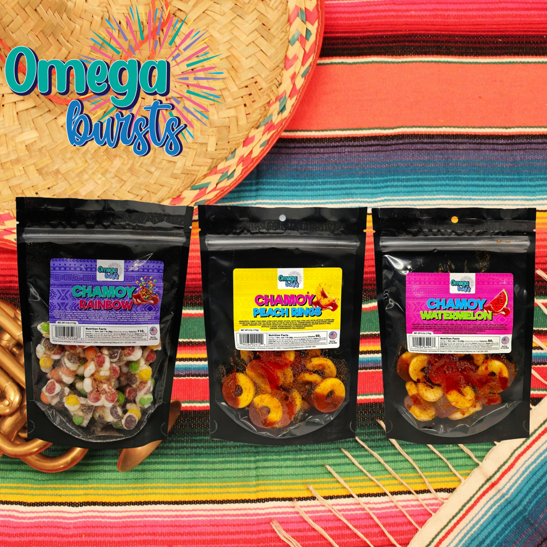 Omega Bursts Chamoy Candies. Watermelon Rings, Peach Rings, Rainbow