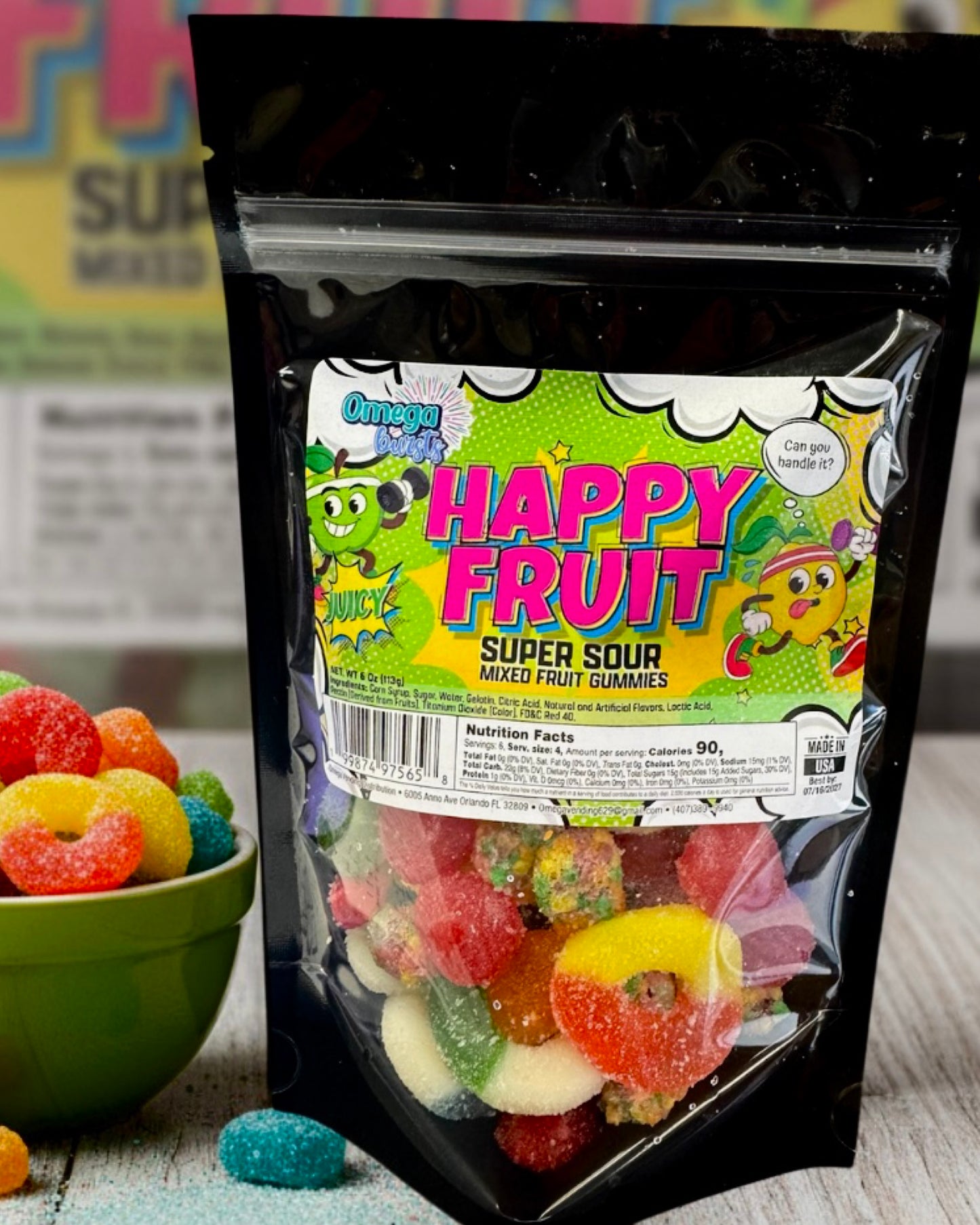 Bag of Happy Fruit Super Sour Mixed Fruit Gummies with a colorful label.