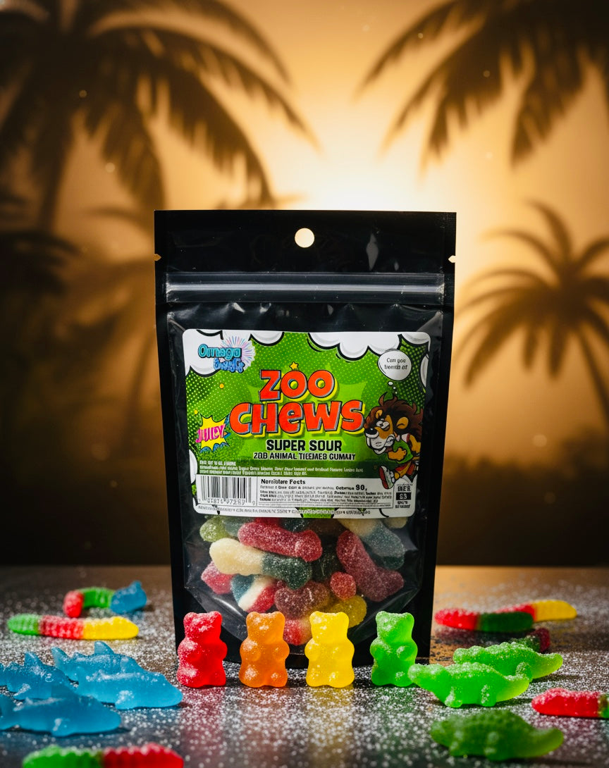 Packaging of Zoo Chews Super Sour gummy bears with gummies in front on a dark background