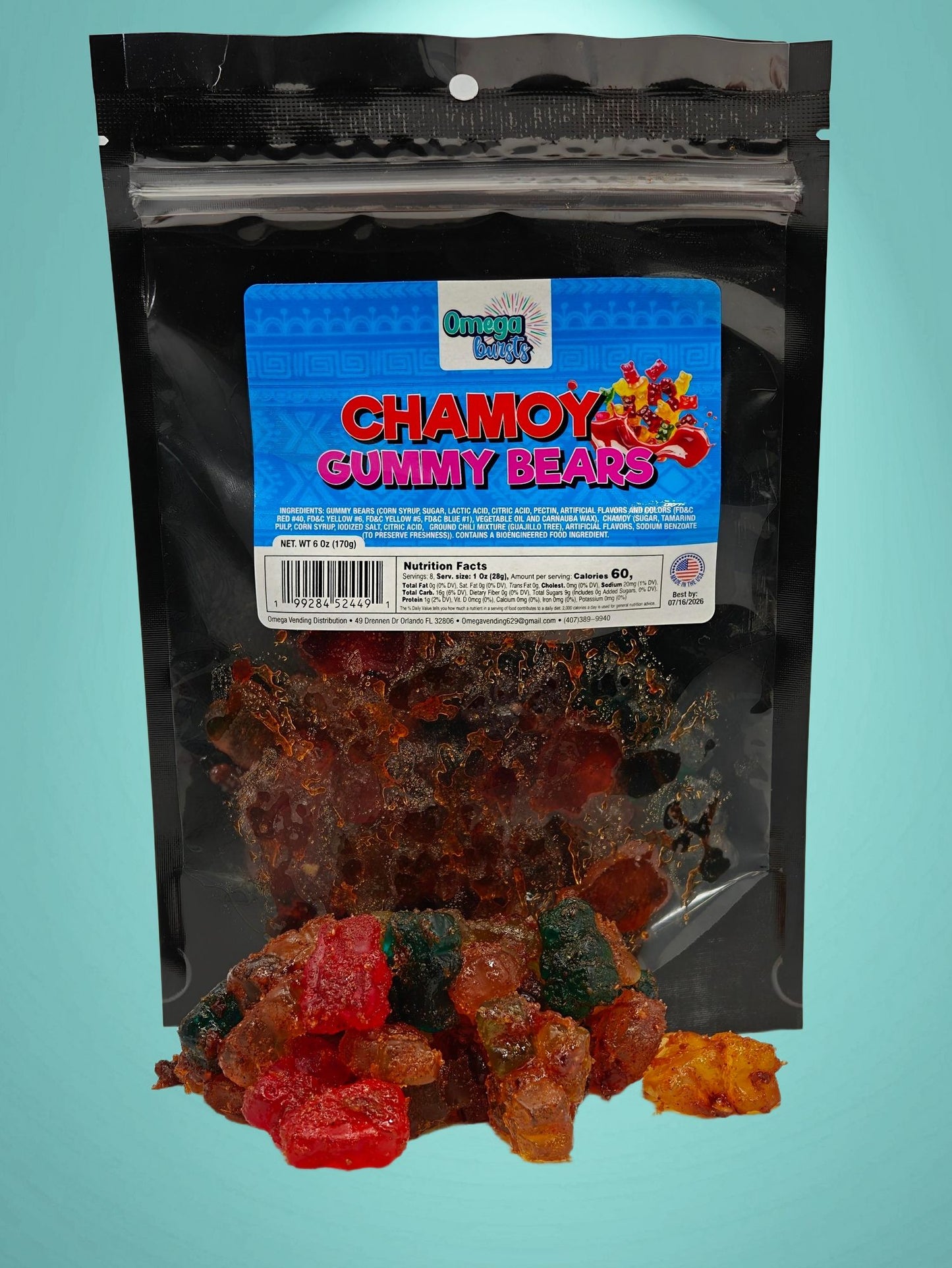 Omega Bursts Chamoy Gummy Bears - vibrant packaging showcasing
the delicious fusion of chamoy and gummy bears.