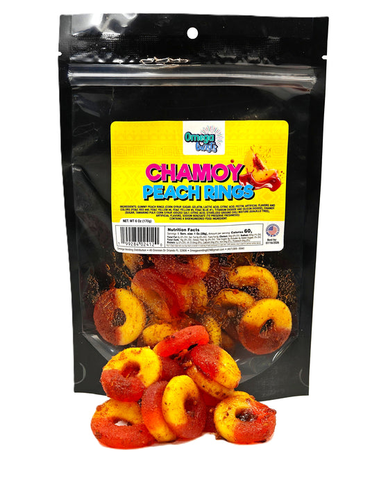 Omega Bursts Chamoy Peach Rings - vibrant packaging showcasing
the delicious combination of peach rings and chamoy flavor