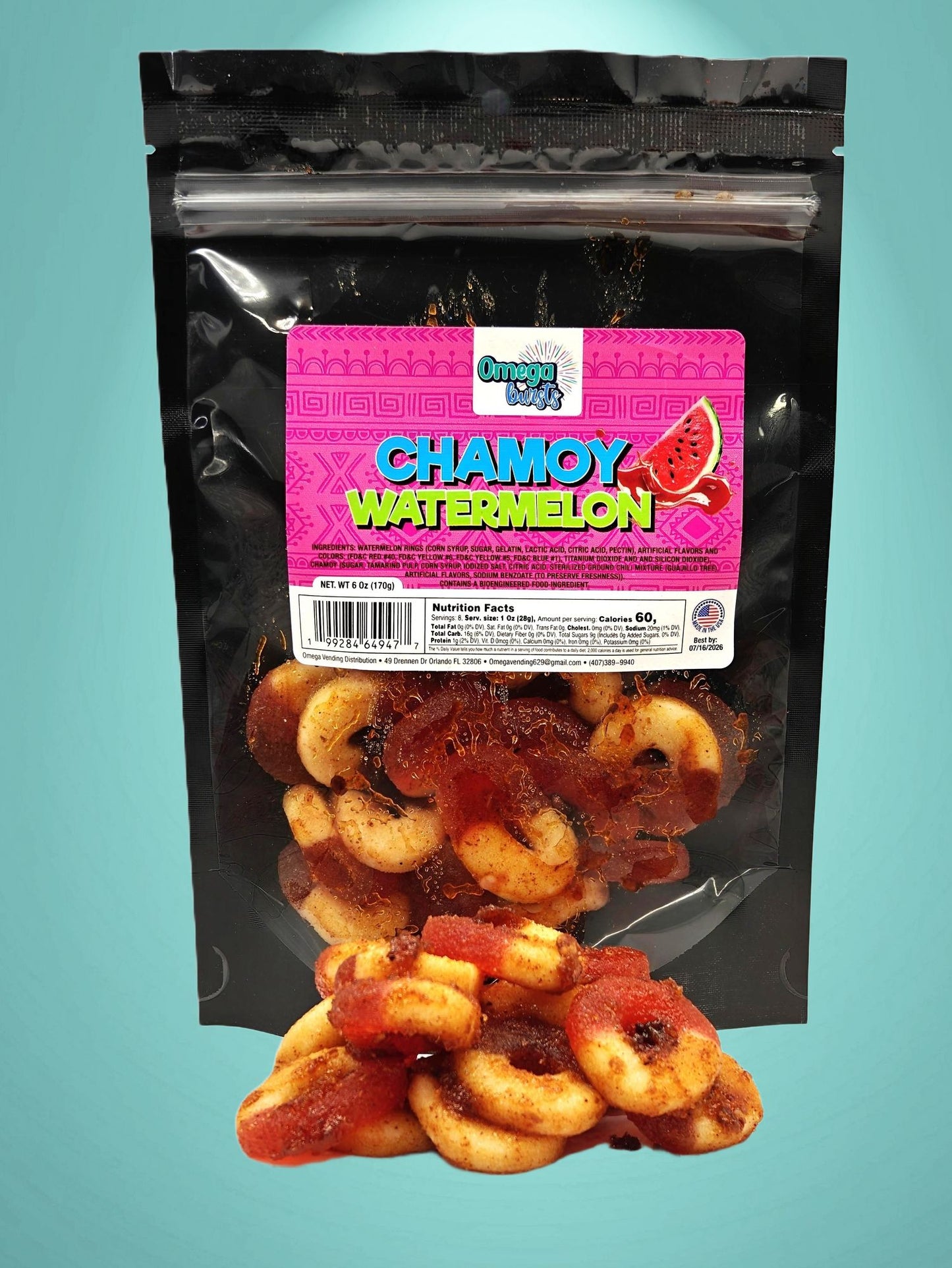 Omega Bursts Chamoy Watermelon candies - vibrant packaging
showcasing the fusion of chamoy and watermelon flavors
