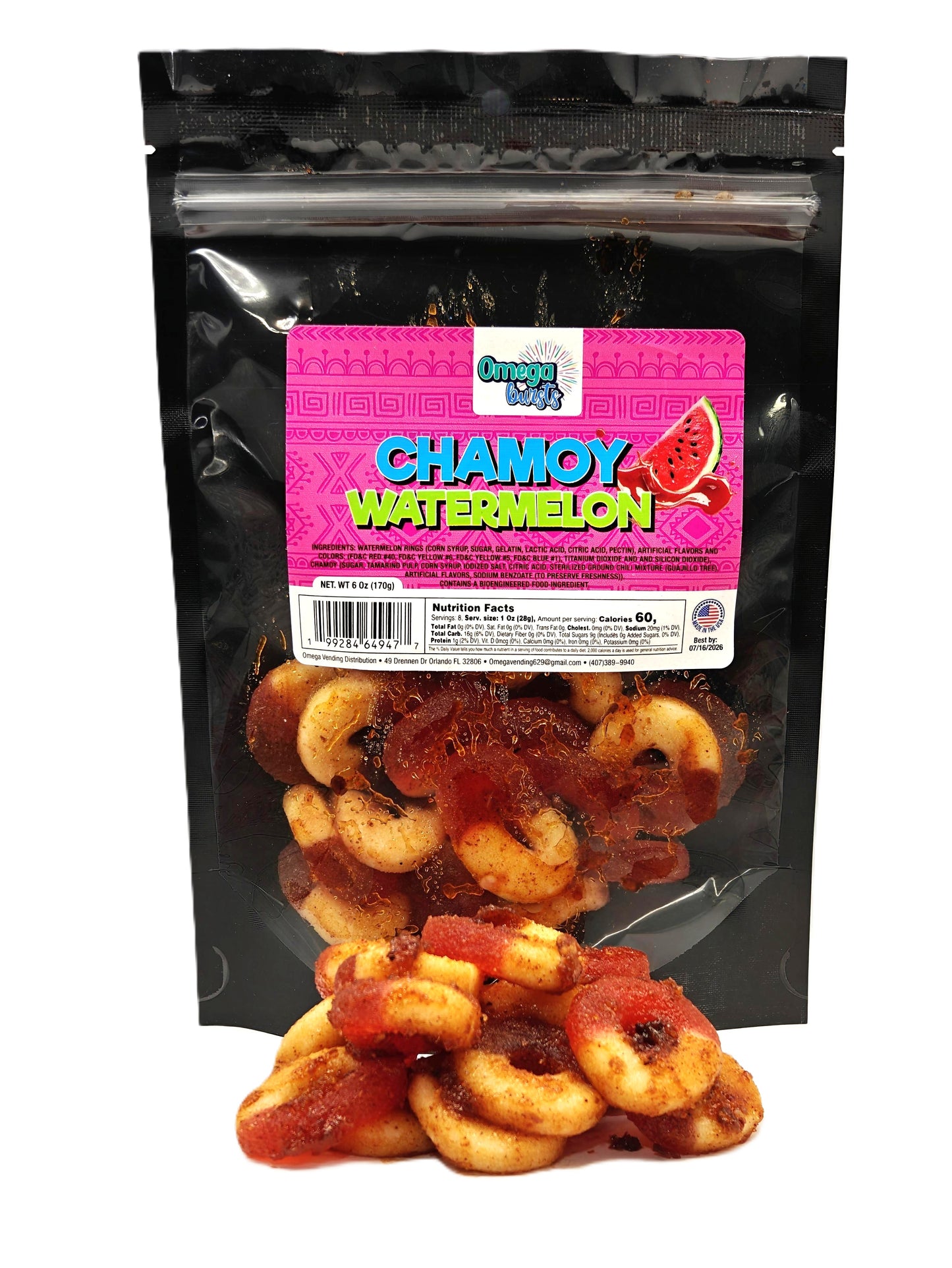 Omega Bursts Chamoy Watermelon candies - vibrant packaging
showcasing the fusion of chamoy and watermelon flavors