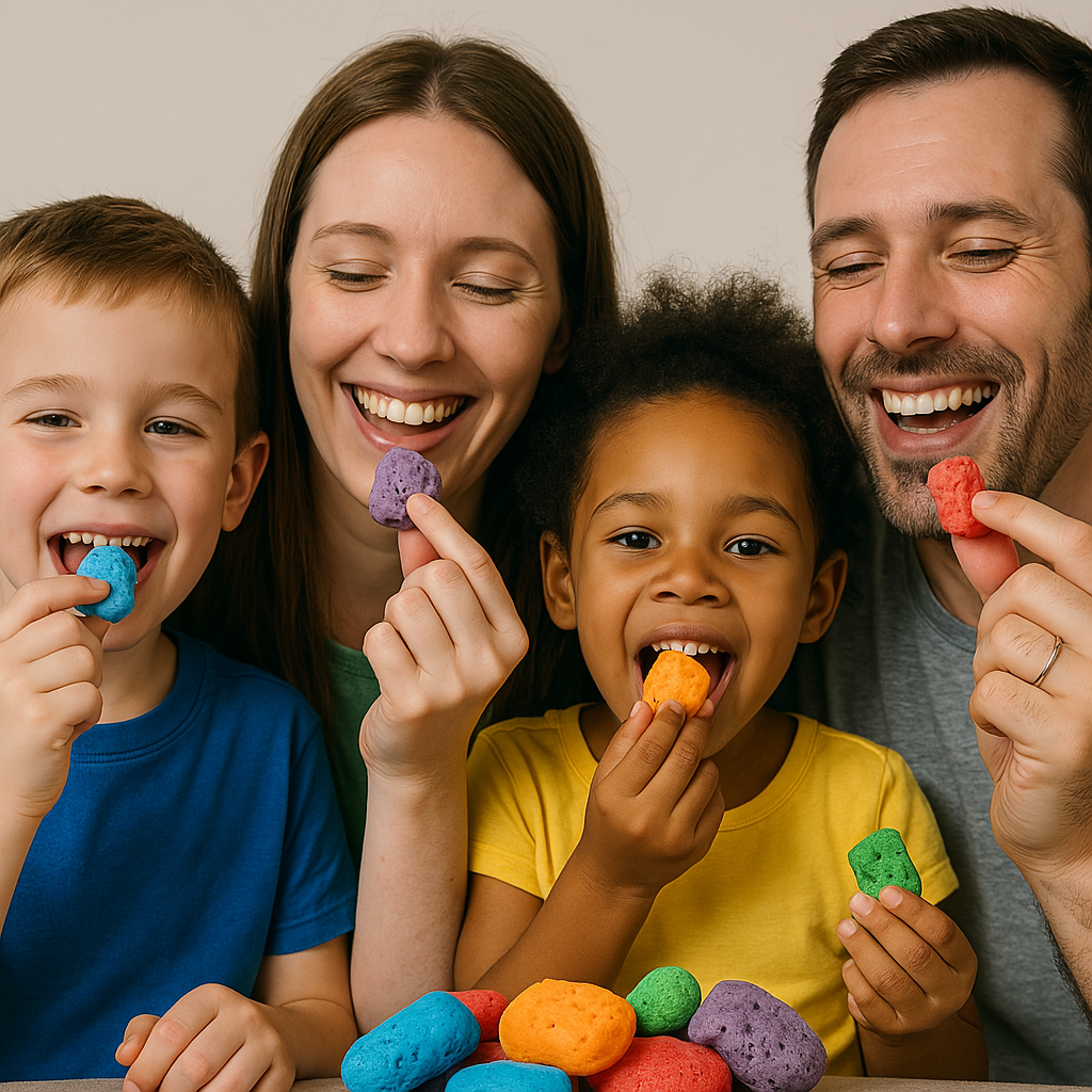 family eating omega bursts dorky bursts