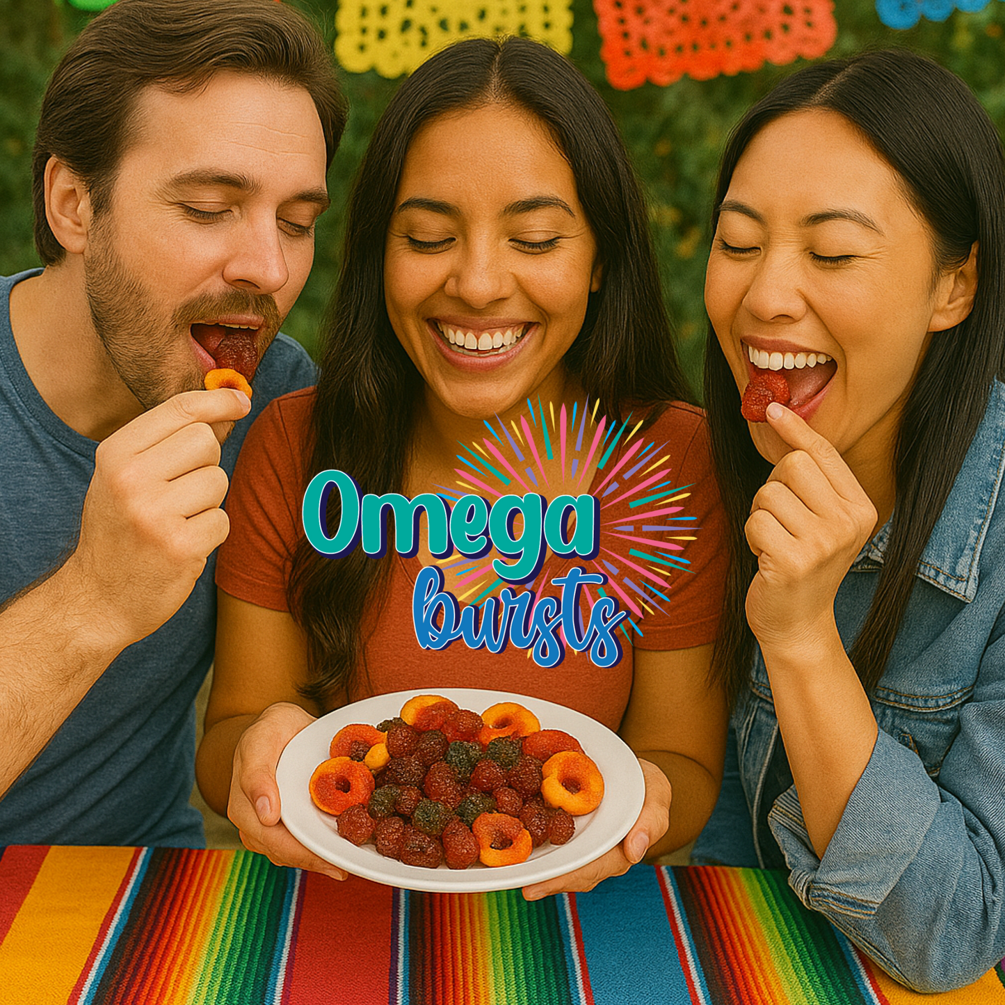 Friends sharing and enjoying Omega Bursts Chamoy Gummy Bears at
a vibrant and festive outdoor gathering.