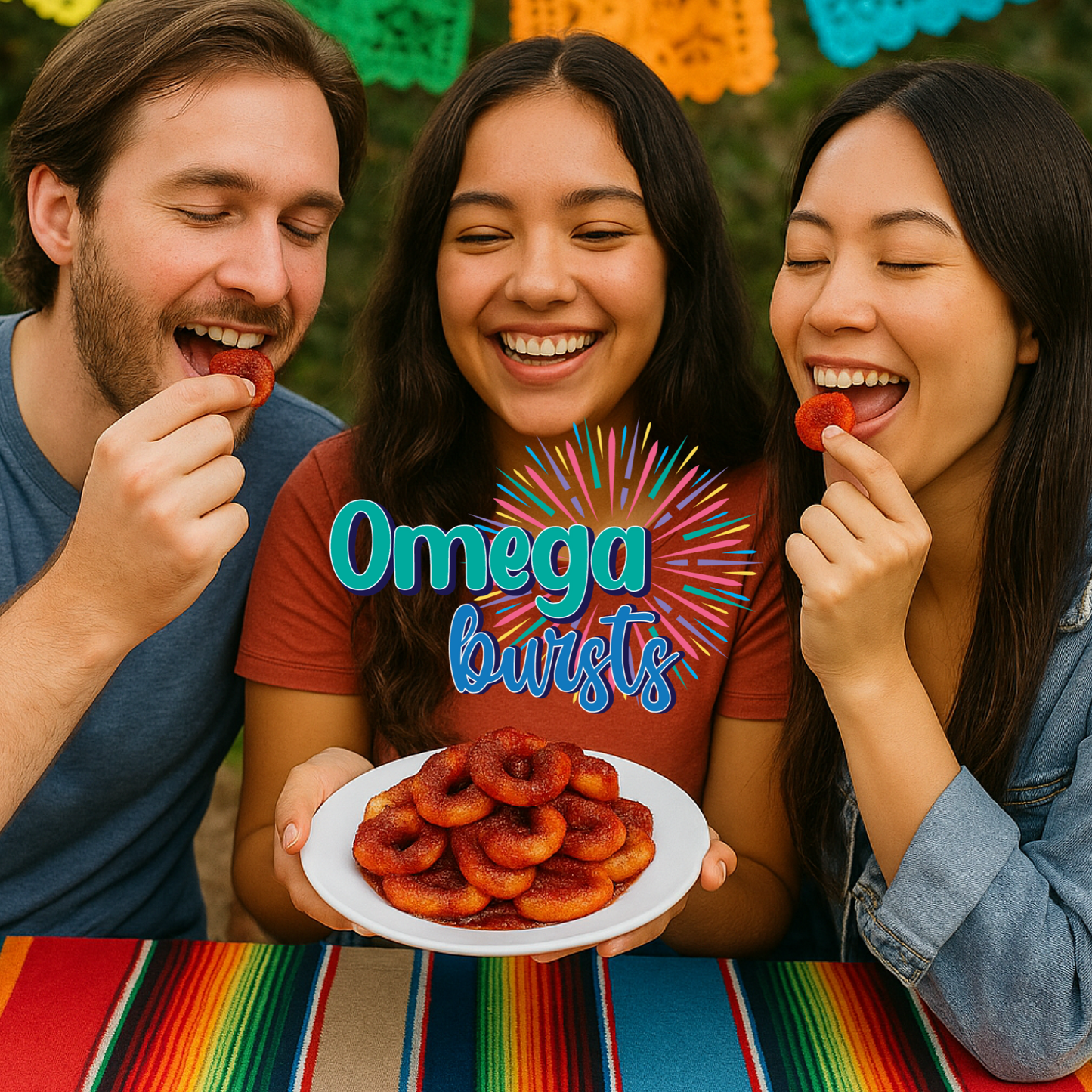 "Friends enjoying Omega Bursts Chamoy Peach Rings at a festive
outdoor setting, sharing a plate of sweet and tangy treats.