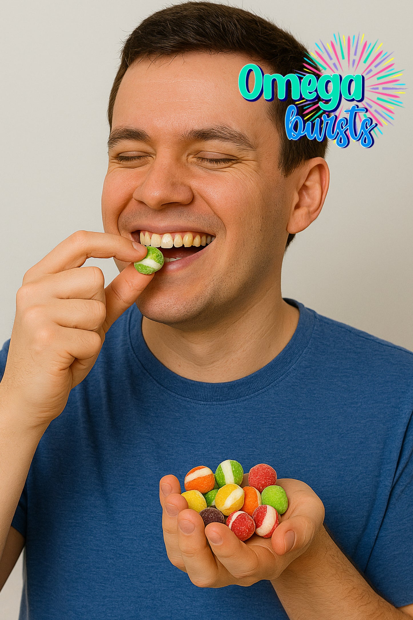 Smiling man enjoying Omega Bursts Tangy Bursts candies, holding a
handful of colorful freeze-dried treats