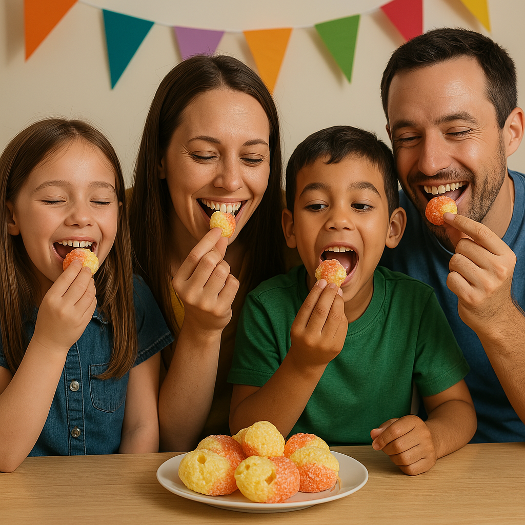 Family enjoying Omega Bursts Peachy Bursts freeze-dried candy rings at a colorful party celebration