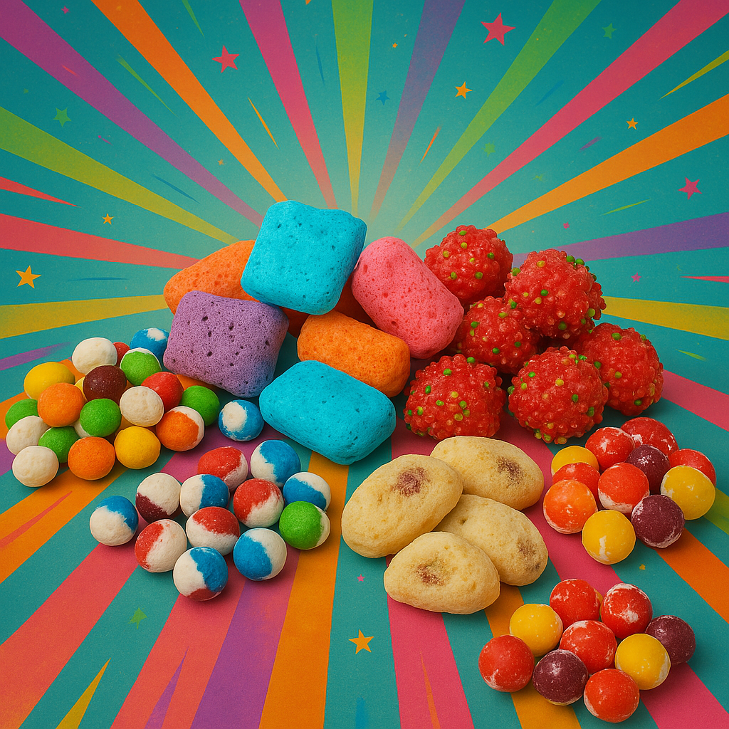 Assorted freeze-dried candy varieties on a colorful starburst background, featuring crunchy puffs, fruity bursts, sour bites, and coated candy balls