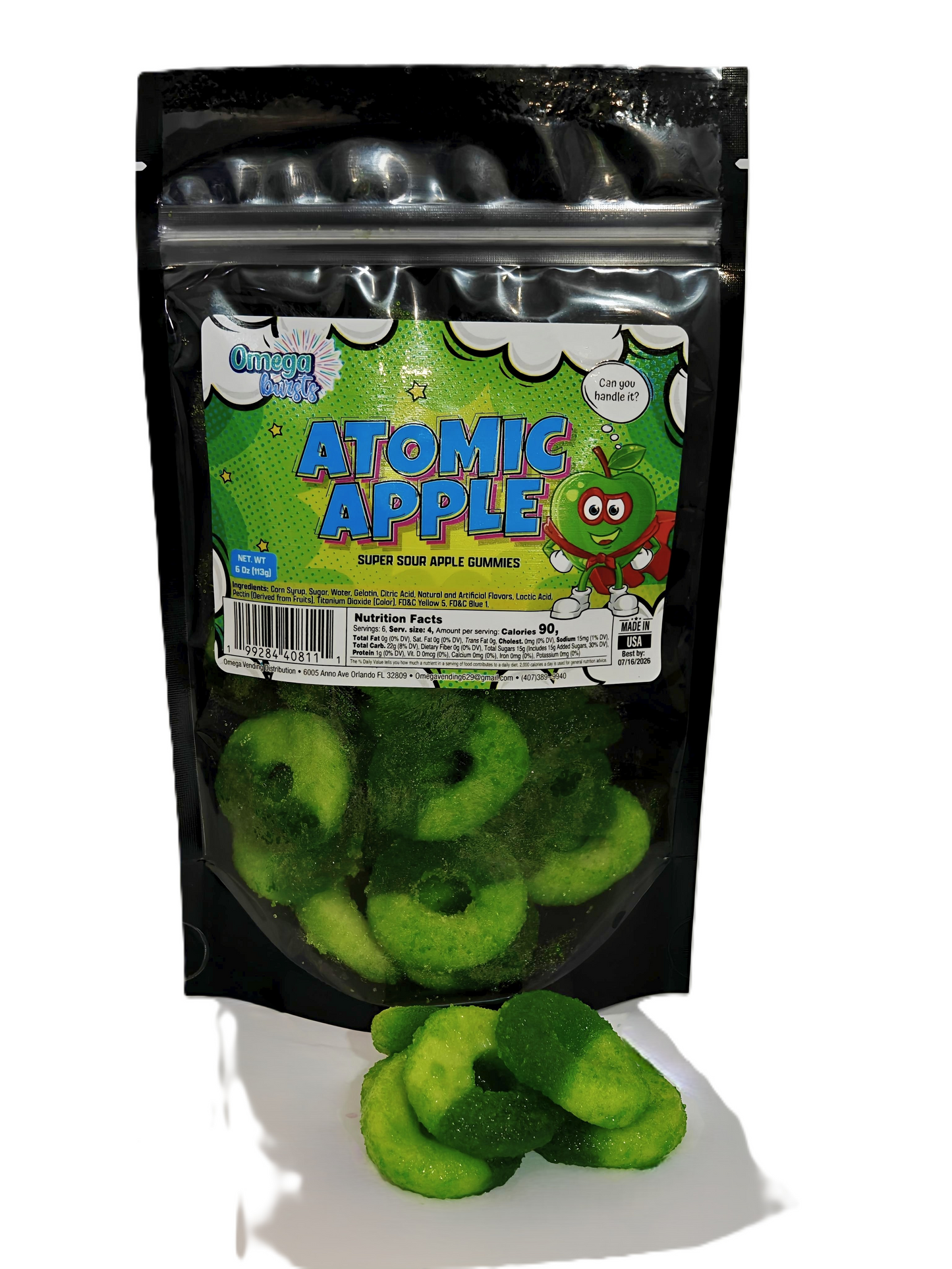 Packaged green apple-shaped gummy candies with 'Atomic Apple' label on a white background