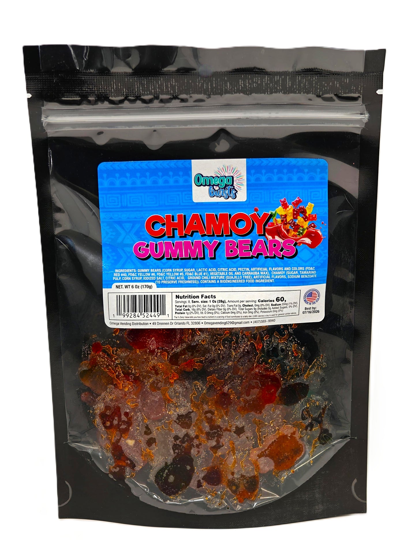 Omega Bursts Chamoy Gummy Bears - sweet and tangy gummy bears
coated in flavorful chamoy, packed in a resealable black pouch