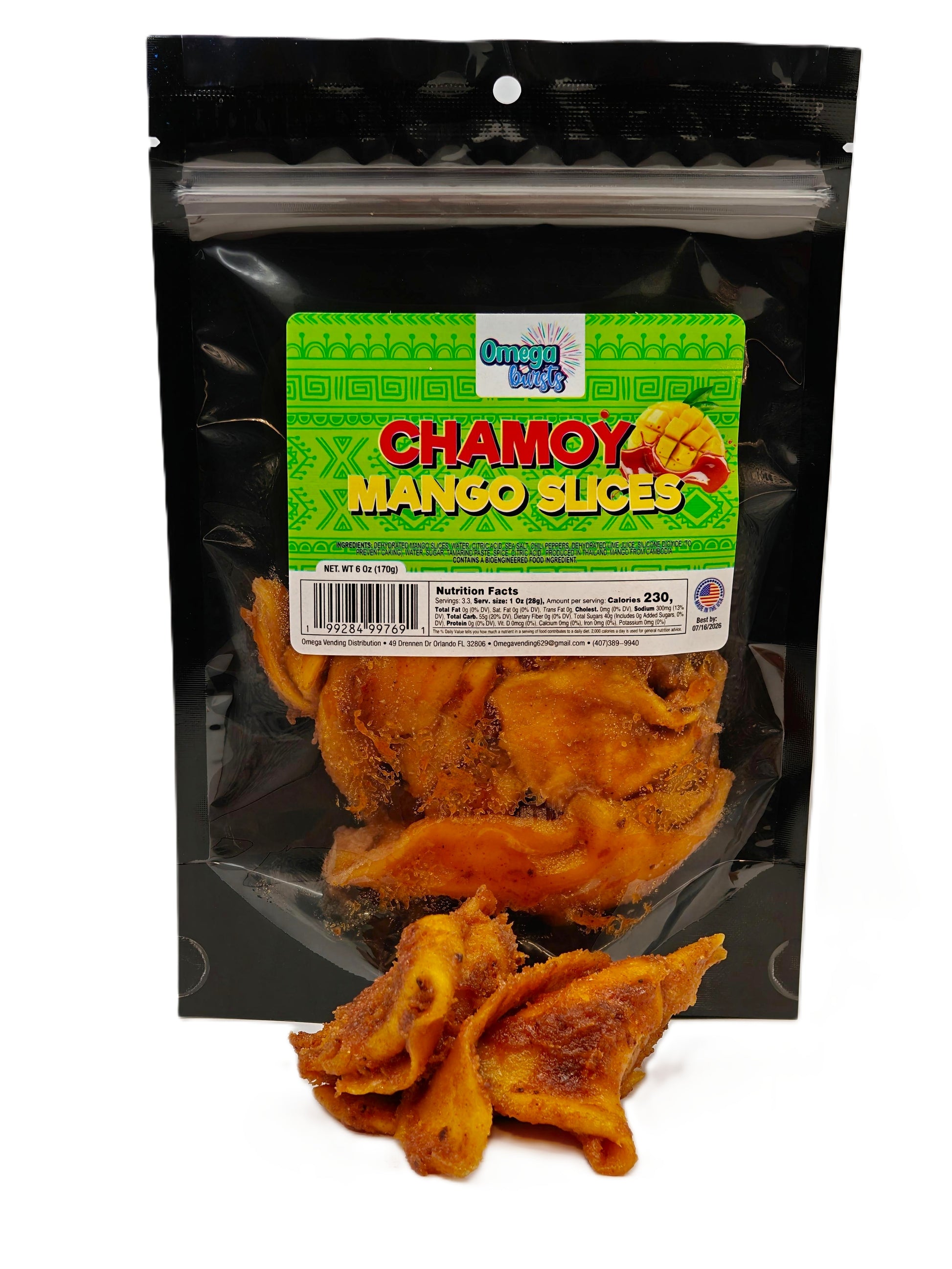 Omega Bursts Chamoy Mango Slices in a resealable black pouch with green and yellow label and visible dried mango with chili powder