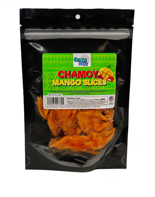 Omega Bursts Chamoy Mango Slices in a black resealable pouch with green label and dried mango pieces covered in spicy chili