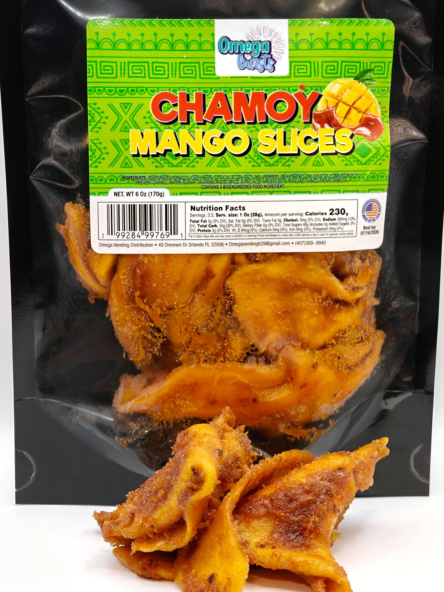Close-up of Omega Bursts Chamoy Mango Slices label showing ingredients, nutrition facts, and 6 oz net weight packaging