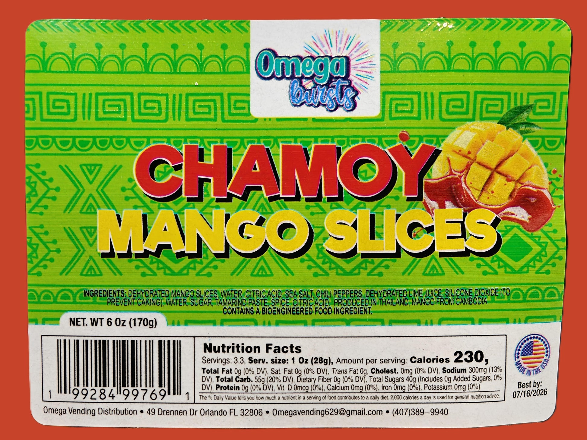 Full Omega Bursts Chamoy Mango Slices label with ingredients, nutrition facts, barcode, best by date, and manufacturer info