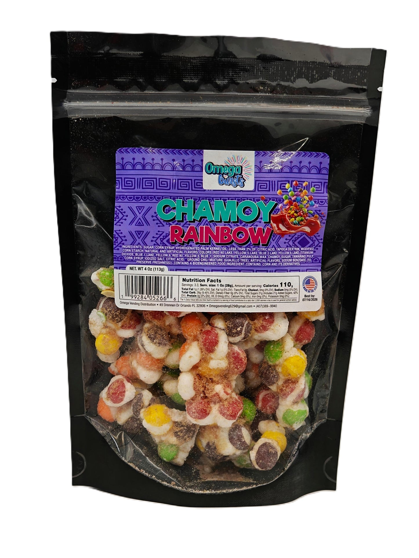 Omega Bursts Chamoy Rainbow gummy candy in a black resealable pouch with vibrant purple label and colorful candy mix inside