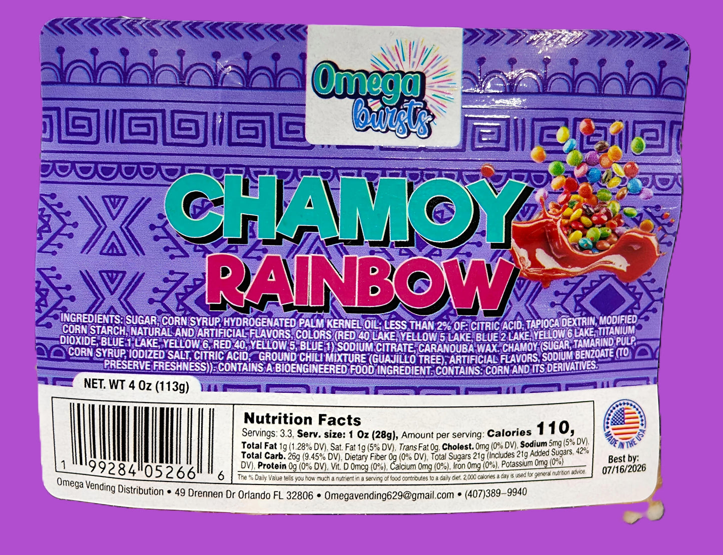 Full Omega Bursts Chamoy Rainbow label with ingredients, nutrition facts, barcode, and tamarind chili splash graphics