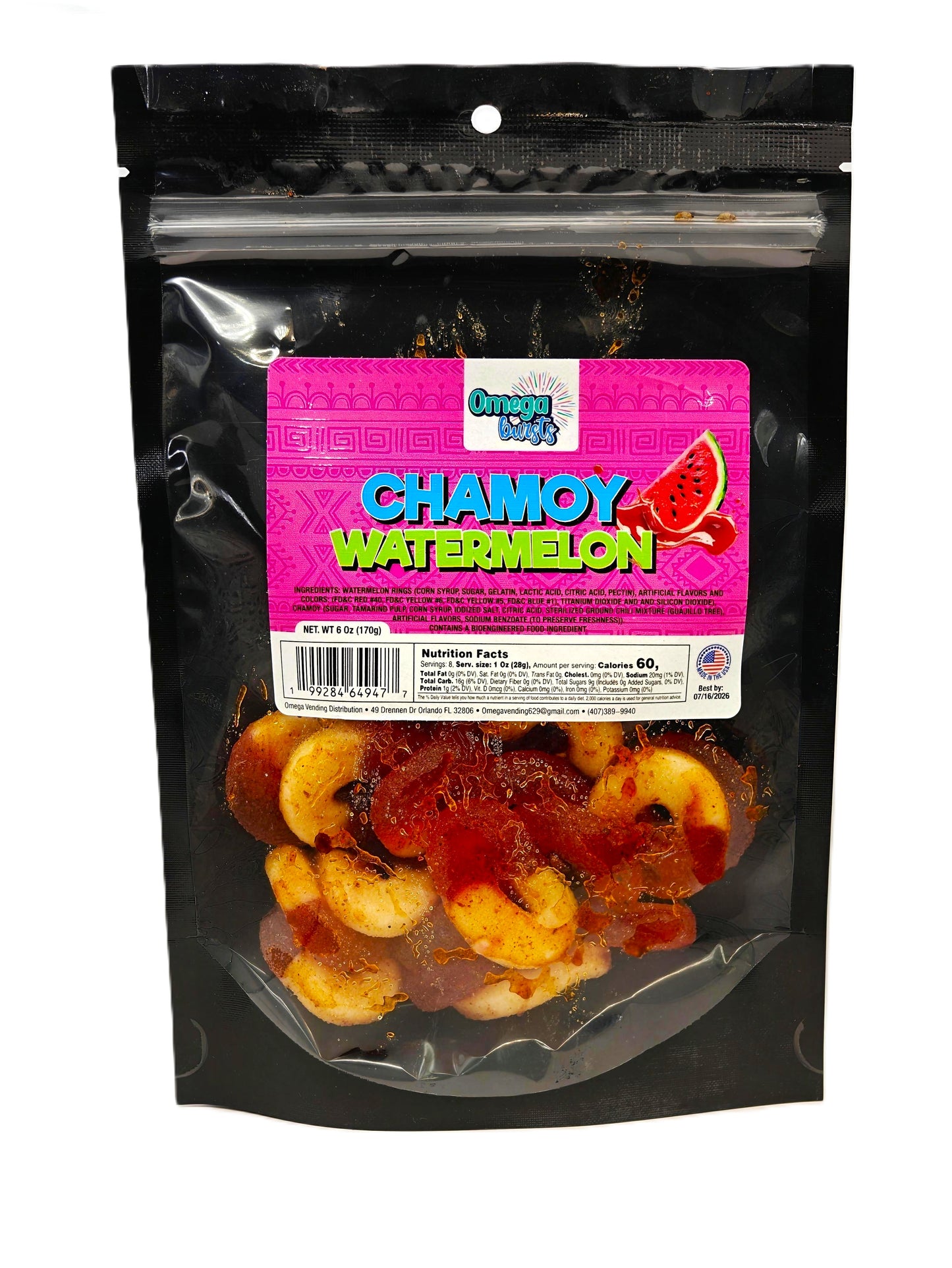 Omega Bursts Chamoy Watermelon candies - sweet and tangy
watermelon-flavored treats coated in chamoy, packed in a resealable black
pouch.