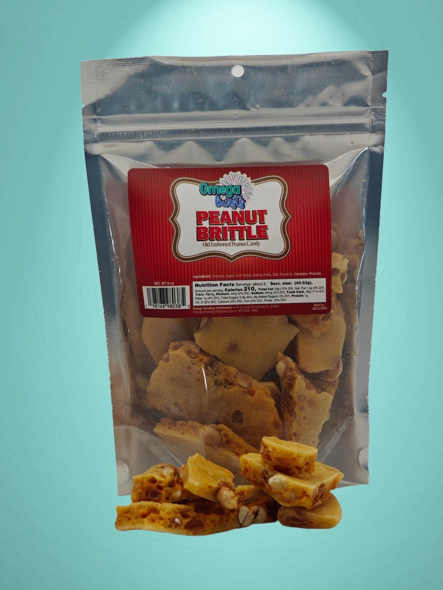 Omega Bursts Classic Peanut Brittle crunchy candy with extra pieces displayed in front of resealable bag
