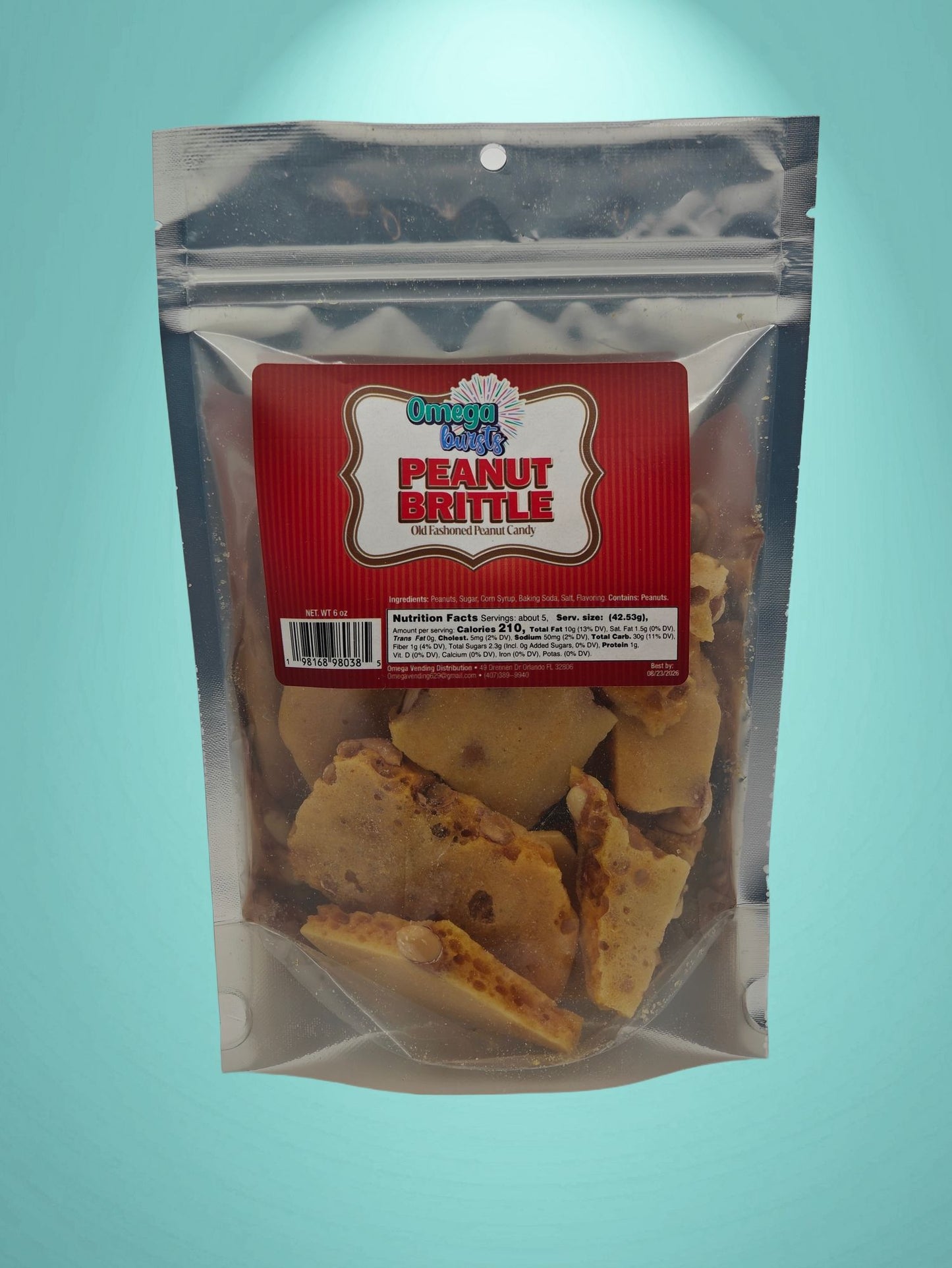 Omega Bursts Classic Peanut Brittle old-fashioned crunchy candy in resealable silver bag