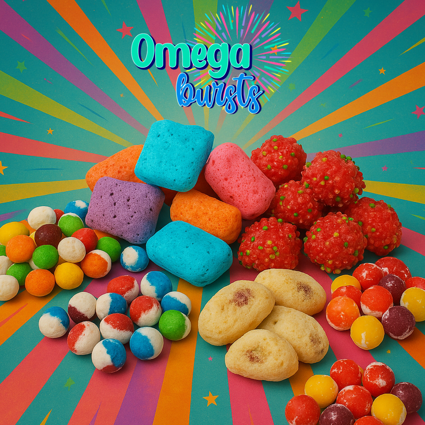 Colorful assortment of Omega Bursts freeze-dried candies with vibrant background and Omega Bursts logo displayed above.