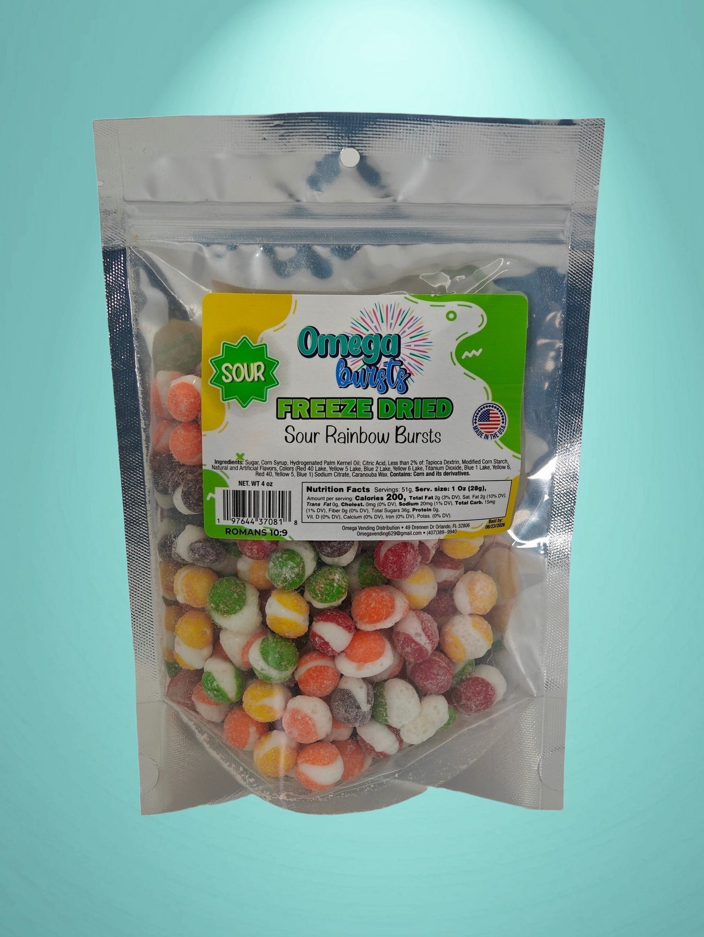 Front view of Omega Bursts Freeze-Dried Sour Rainbow Bursts candy in a resealable pouch with bright green label and colorful candy pieces.