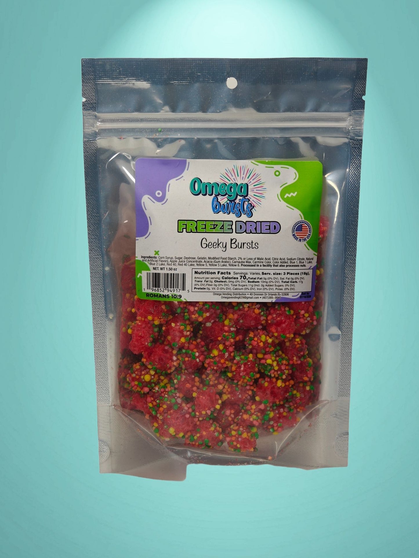 Omega Bursts Geeky Bursts colorful freeze-dried candy coated with candy sprinkles in resealable bag