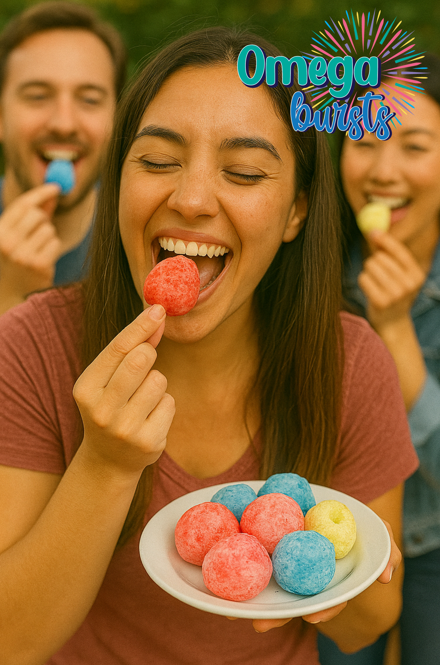 Friends enjoying Omega Bursts Lollipop Bursts — a young woman smiles while holding a plate of colorful freeze-dried candy balls, with others snacking in the background.