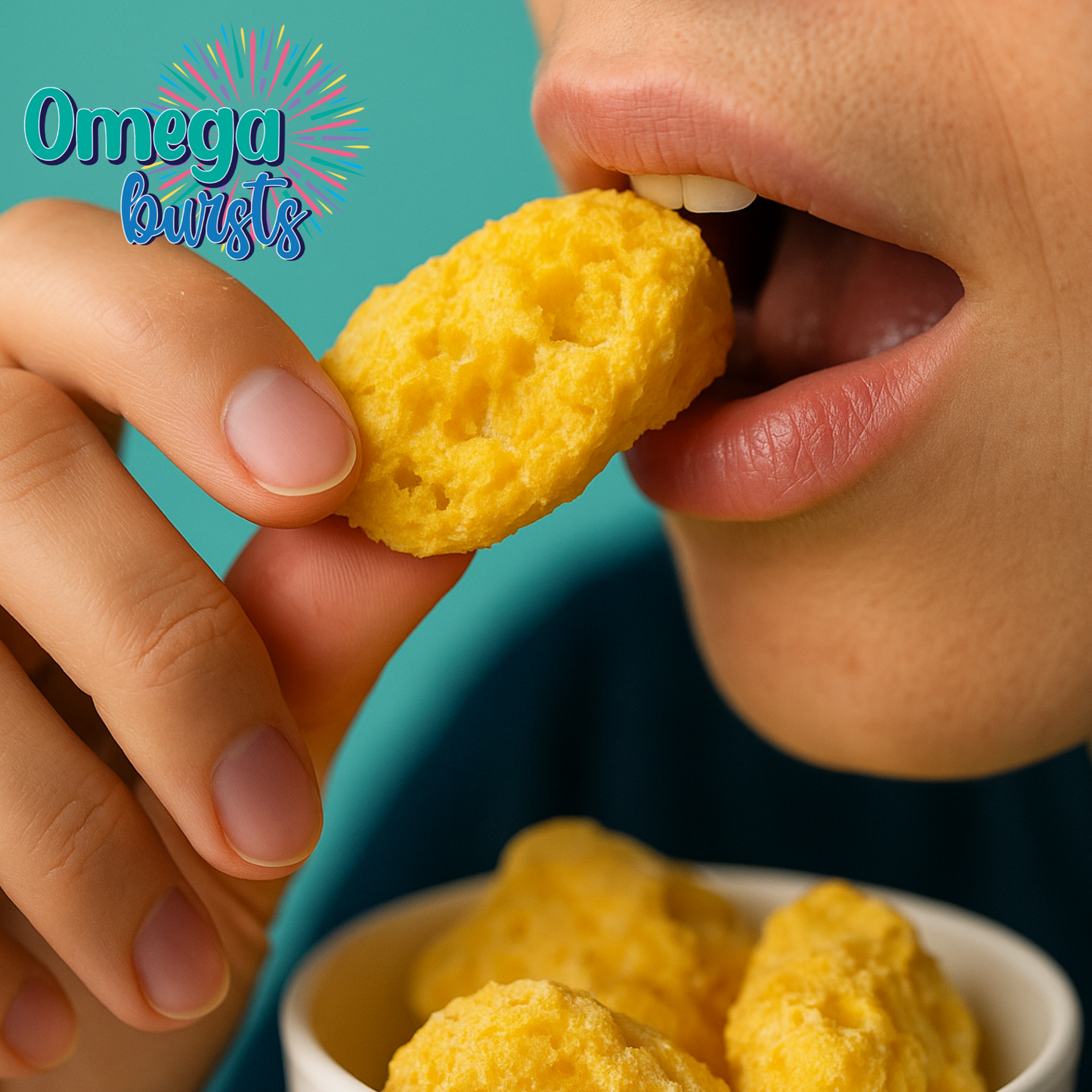 Close-up of a person about to eat a bright yellow freeze-dried Omega Bursts candy, with logo in corner and bowl of snacks below