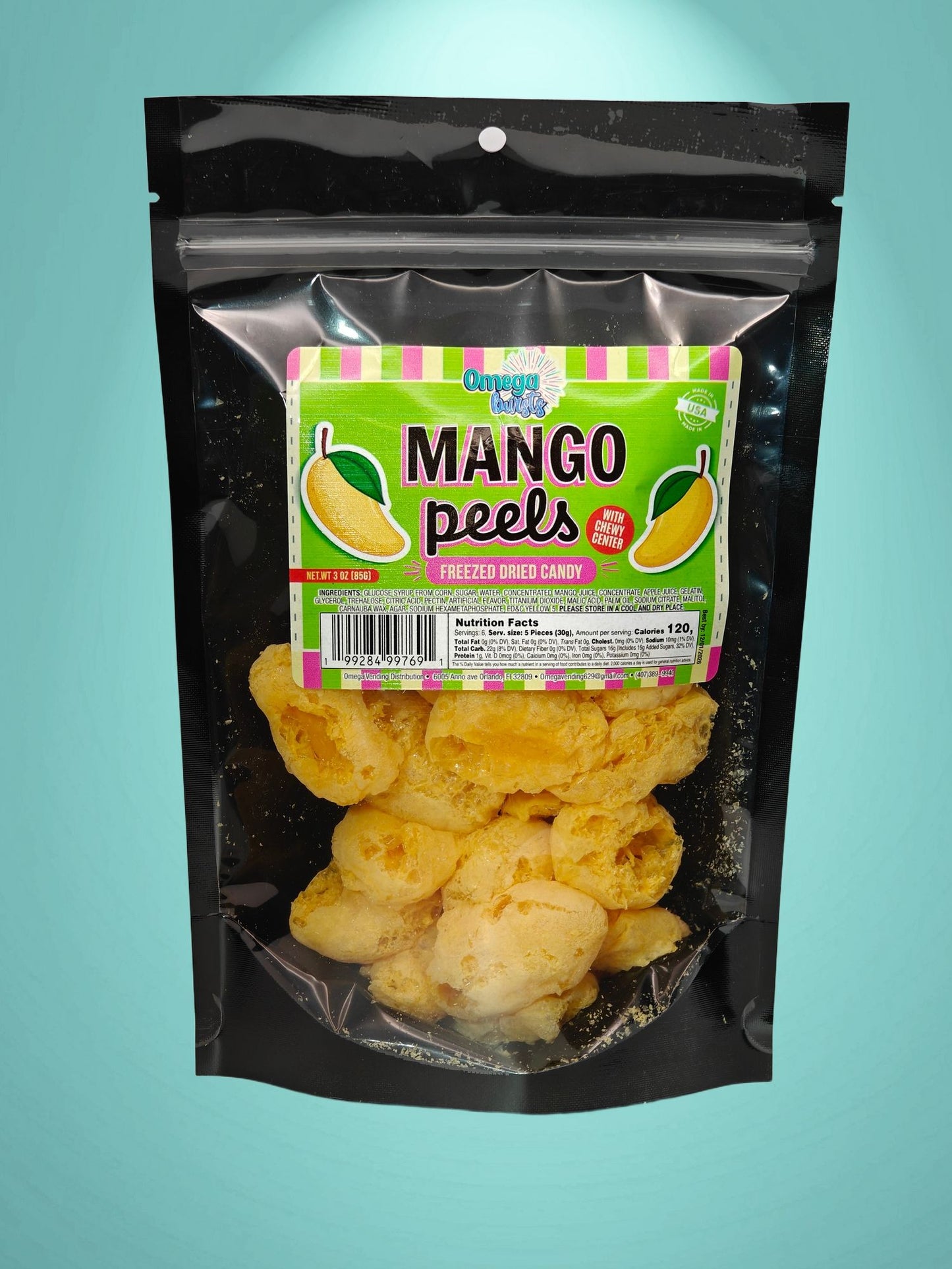 Front of Omega Bursts Mango Peels freeze-dried candy pouch with vibrant green and pink label and mango illustrations.