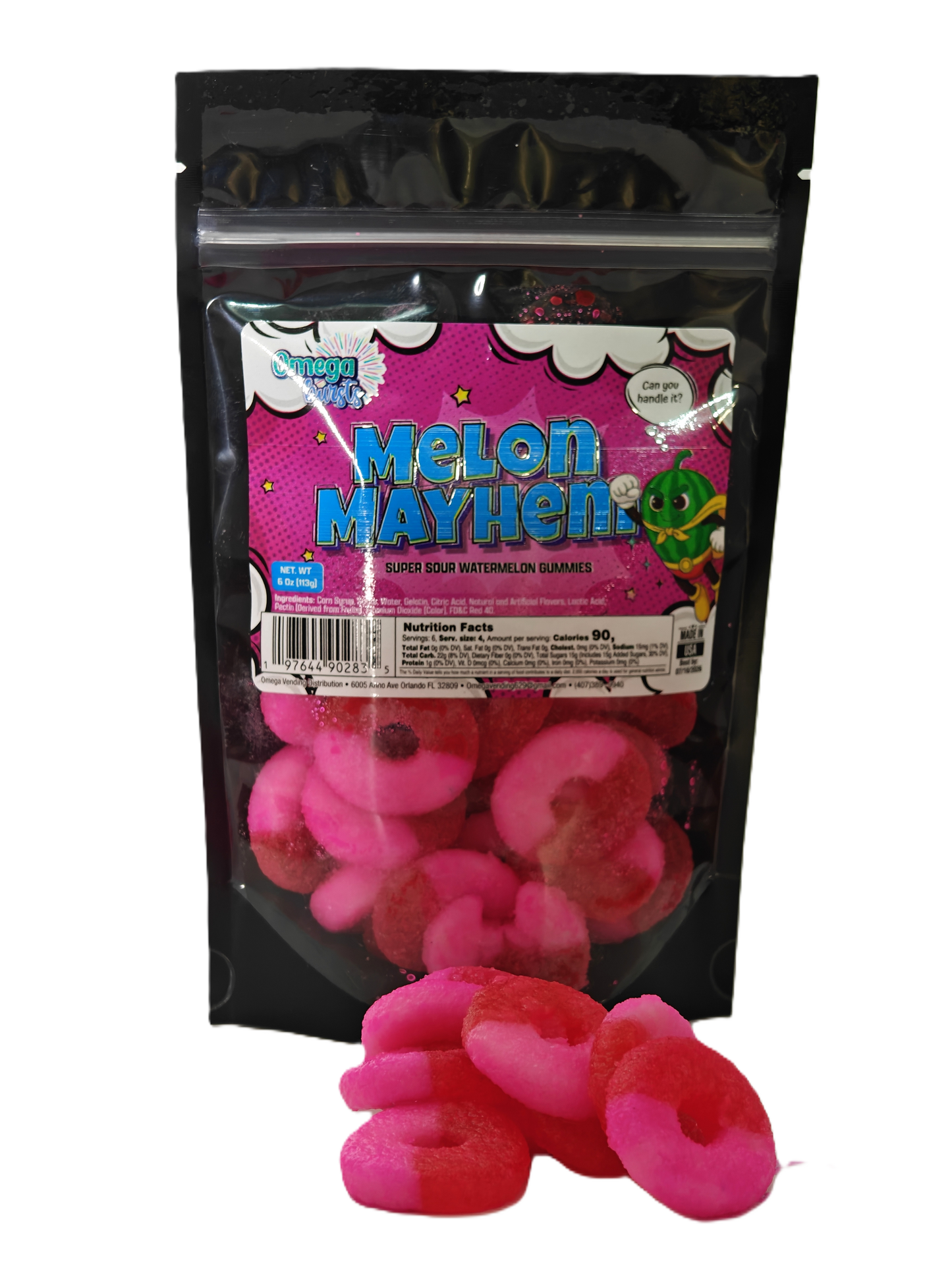 Pink gummy candies in a black packaging with 'Melon Mayhem' label.