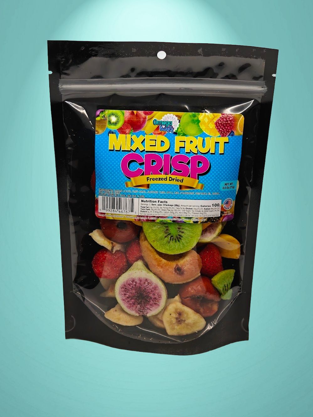 Front of Omega Bursts Mixed Fruit Crisp freeze-dried fruit pouch with colorful label and visible fruit slices inside.