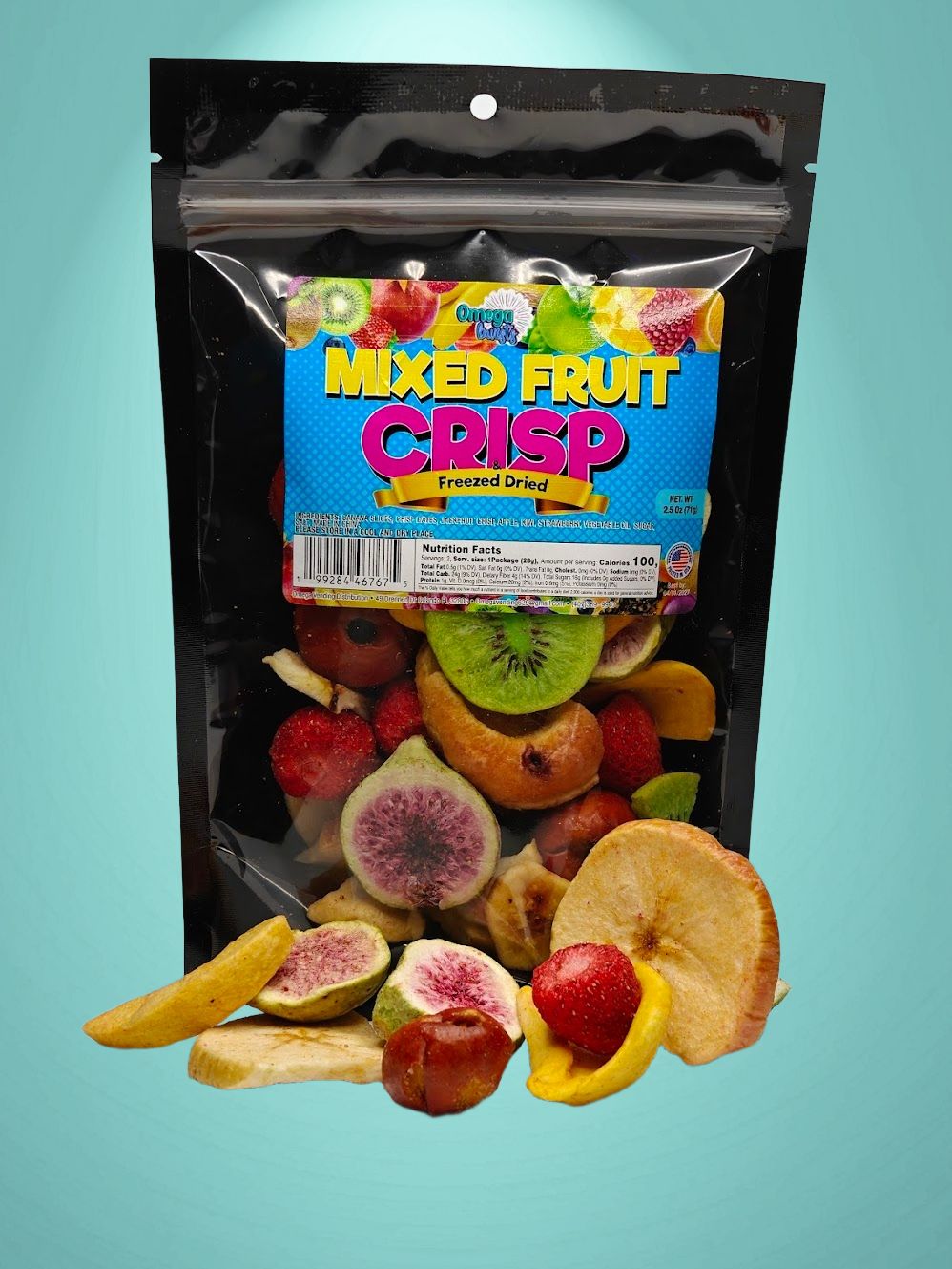 Omega Bursts Mixed Fruit Crisp freeze-dried fruit spilling from pouch, showcasing figs, strawberries, kiwis, and apples.