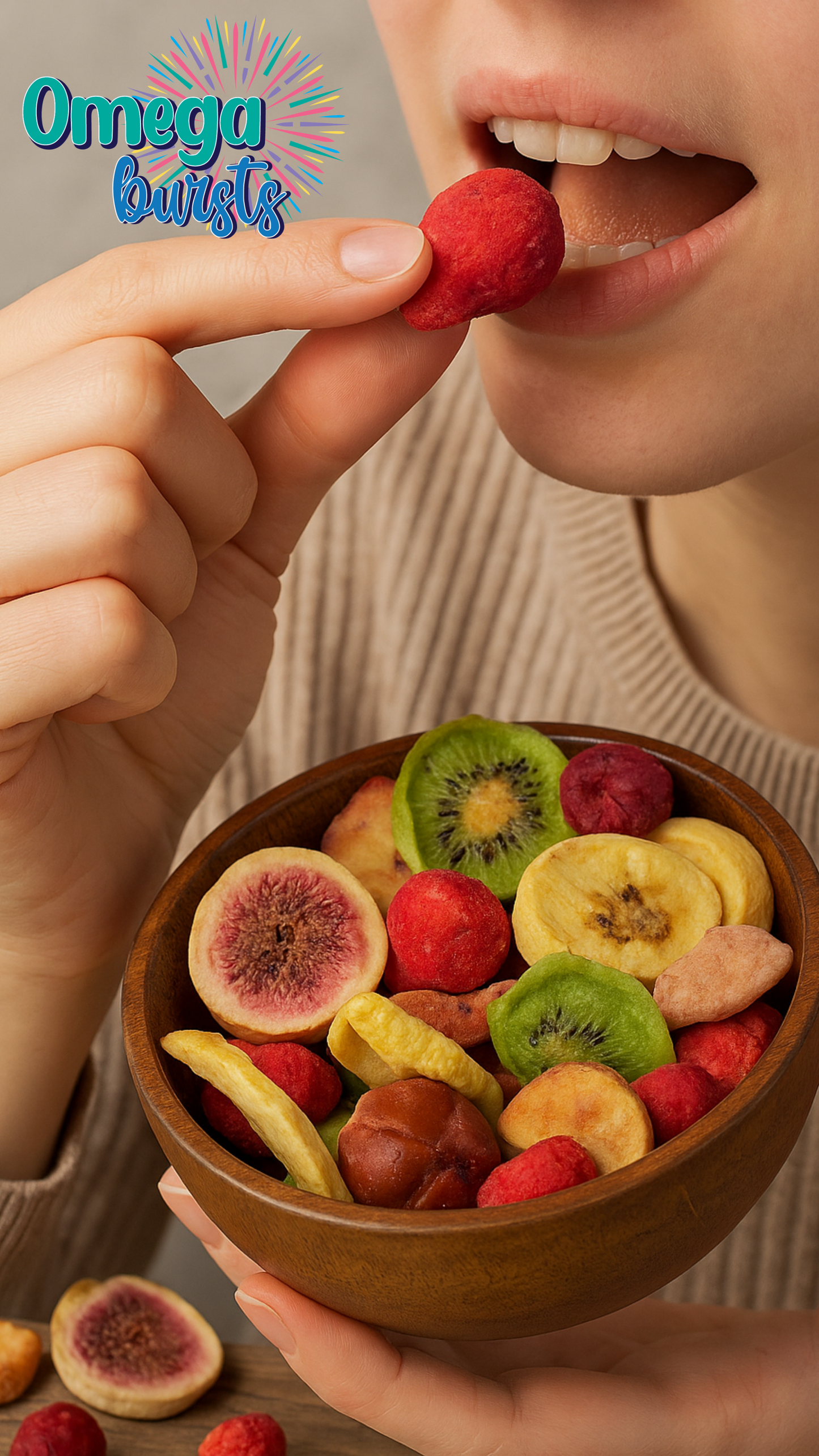 Person eating a piece of Omega Bursts Mixed Fruit Crisp from a bowl filled with colorful freeze-dried fruits.