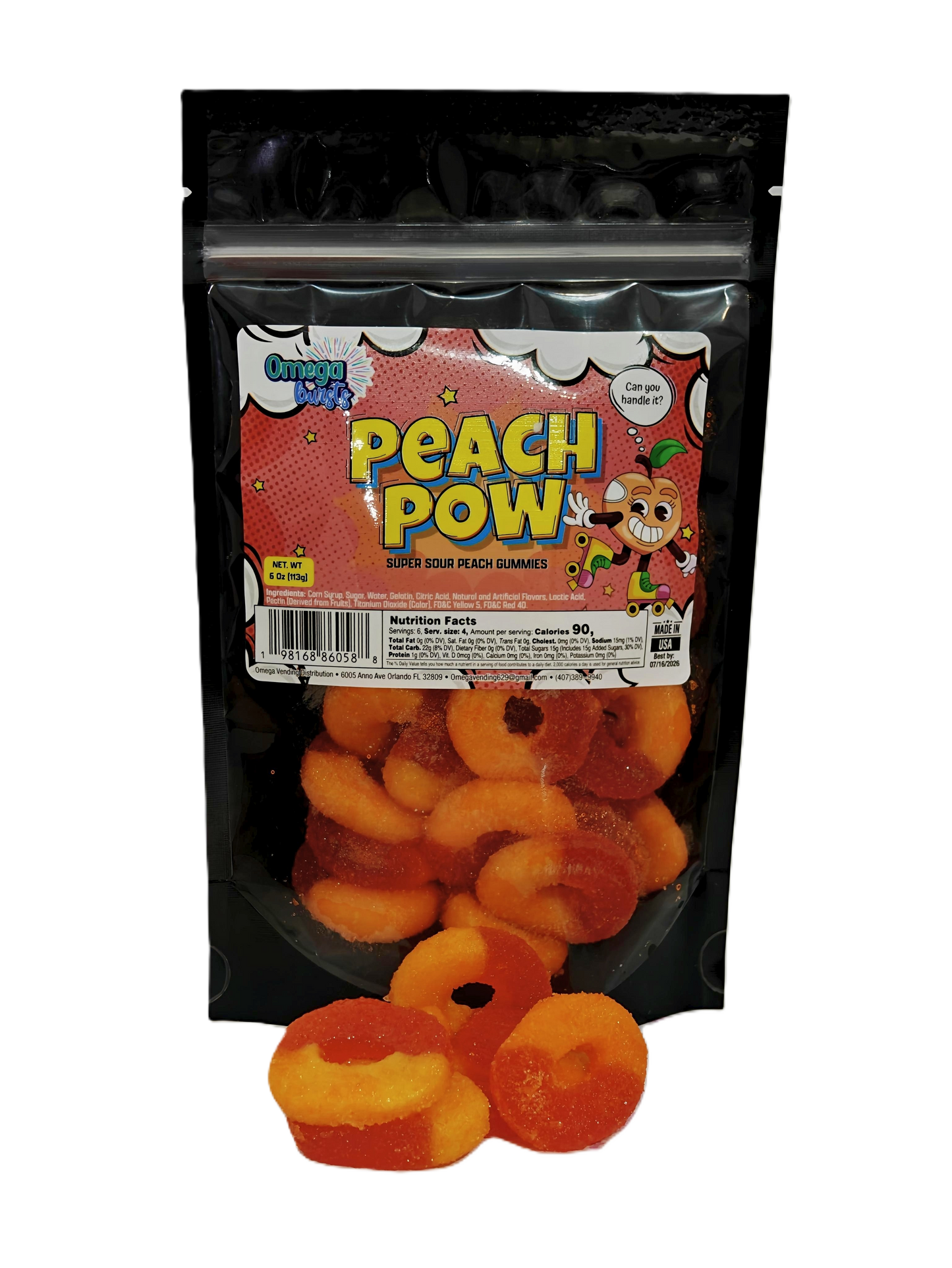 Pouch of Peach Pow candy with a colorful label on a white background