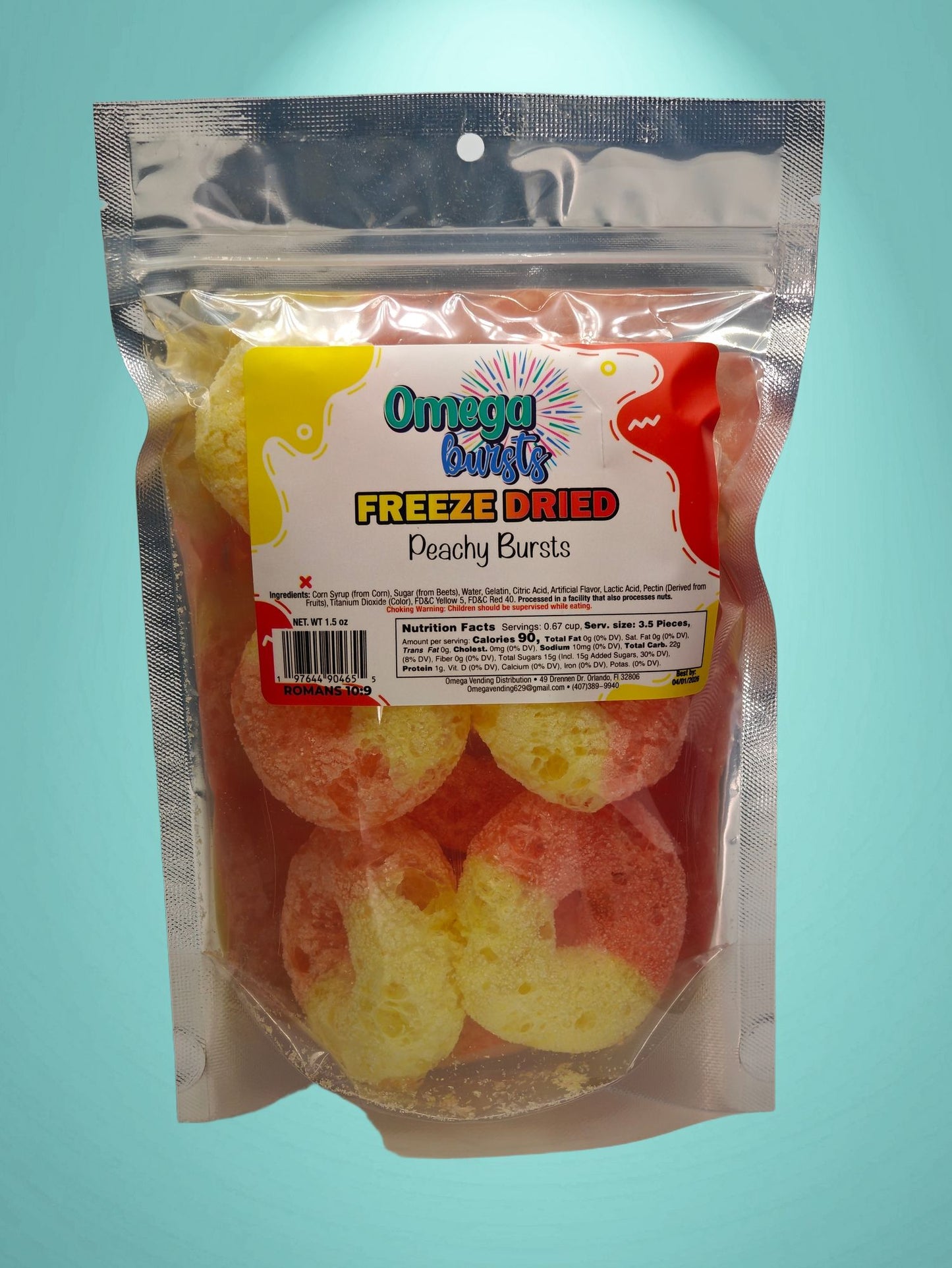 Omega Bursts Peachy Bursts freeze-dried colorful fruity candy rings in resealable silver bag