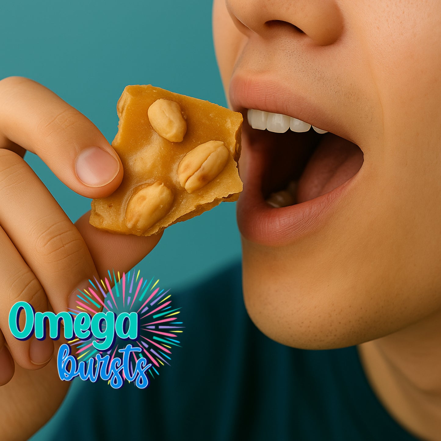 Person eating Omega Bursts Classic Peanut Brittle candy close-up with brand logo on teal background