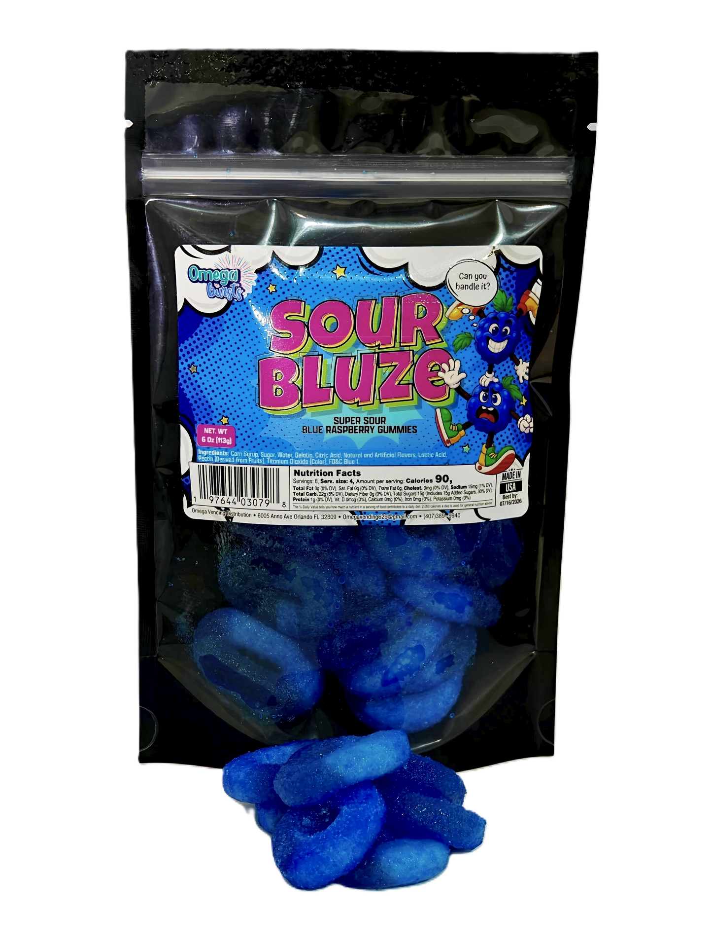 Packaged blue gummy bears with 'Sour Bluze' label on a white background