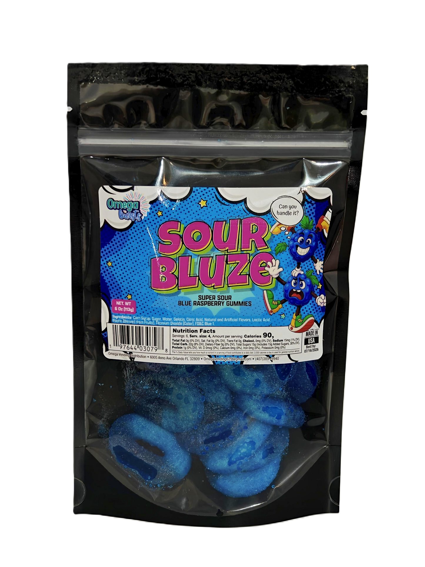 Black packaging of Sour Bluze blue raspberry gummies with colorful label.