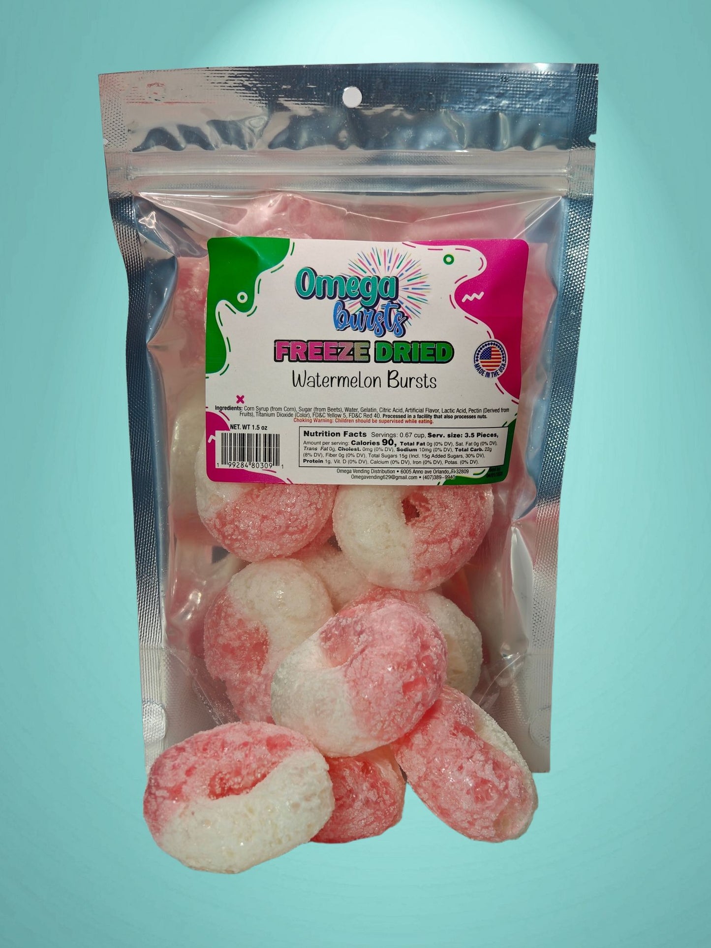 Omega Bursts Freeze-Dried Watermelon Bursts with candy spilling from open pouch, showcasing product texture