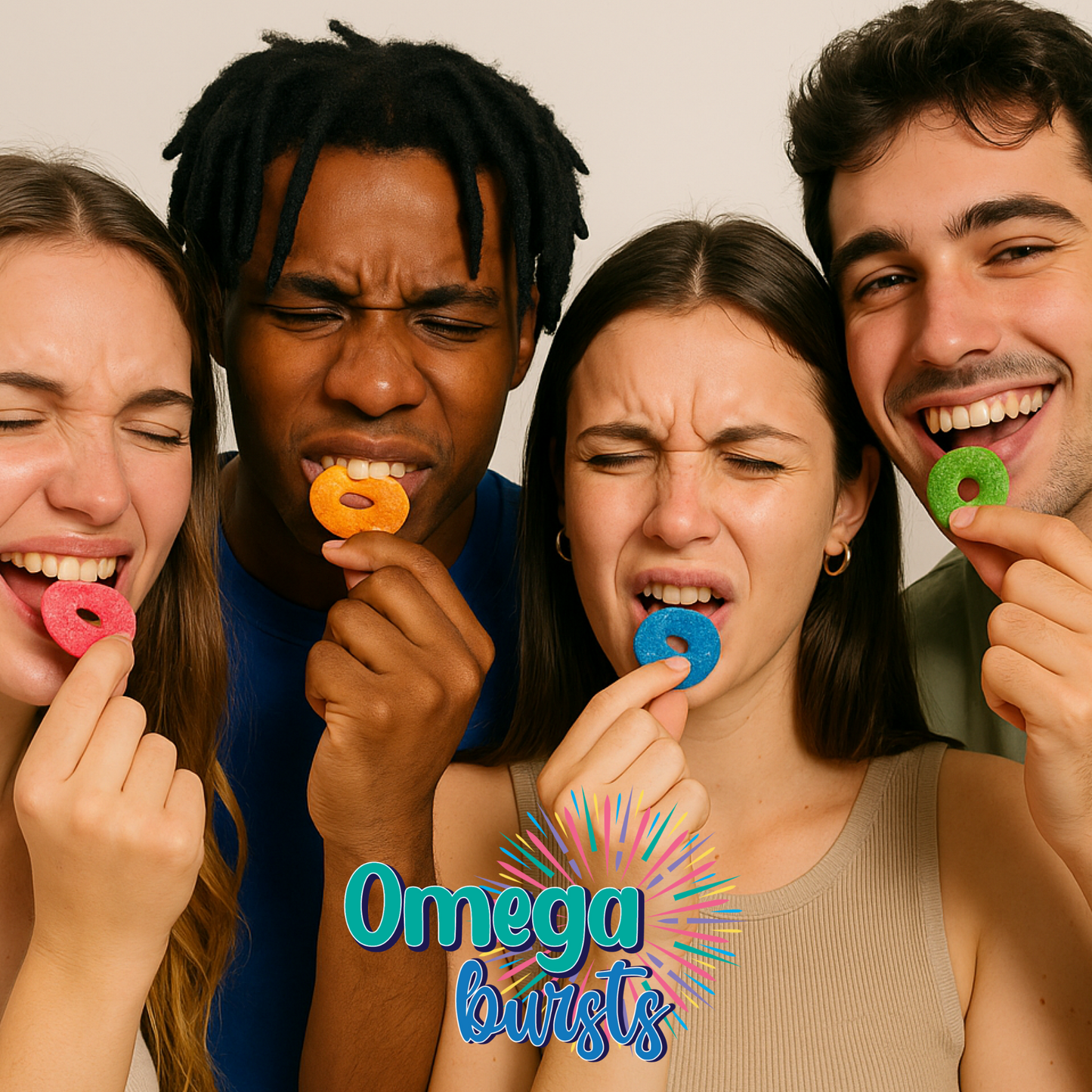 Four people with colorful Omega Twists candy in their mouths against a plain background.