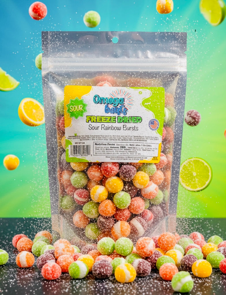Omega Bursts Freeze Dried Sour Rainbow Bursts (4 oz) | Sweet, Sour, & Crunchy Candy Treat