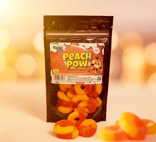 🧨 Omega Bursts Peach Pow – Super Sour Peach Gummies (6 oz)