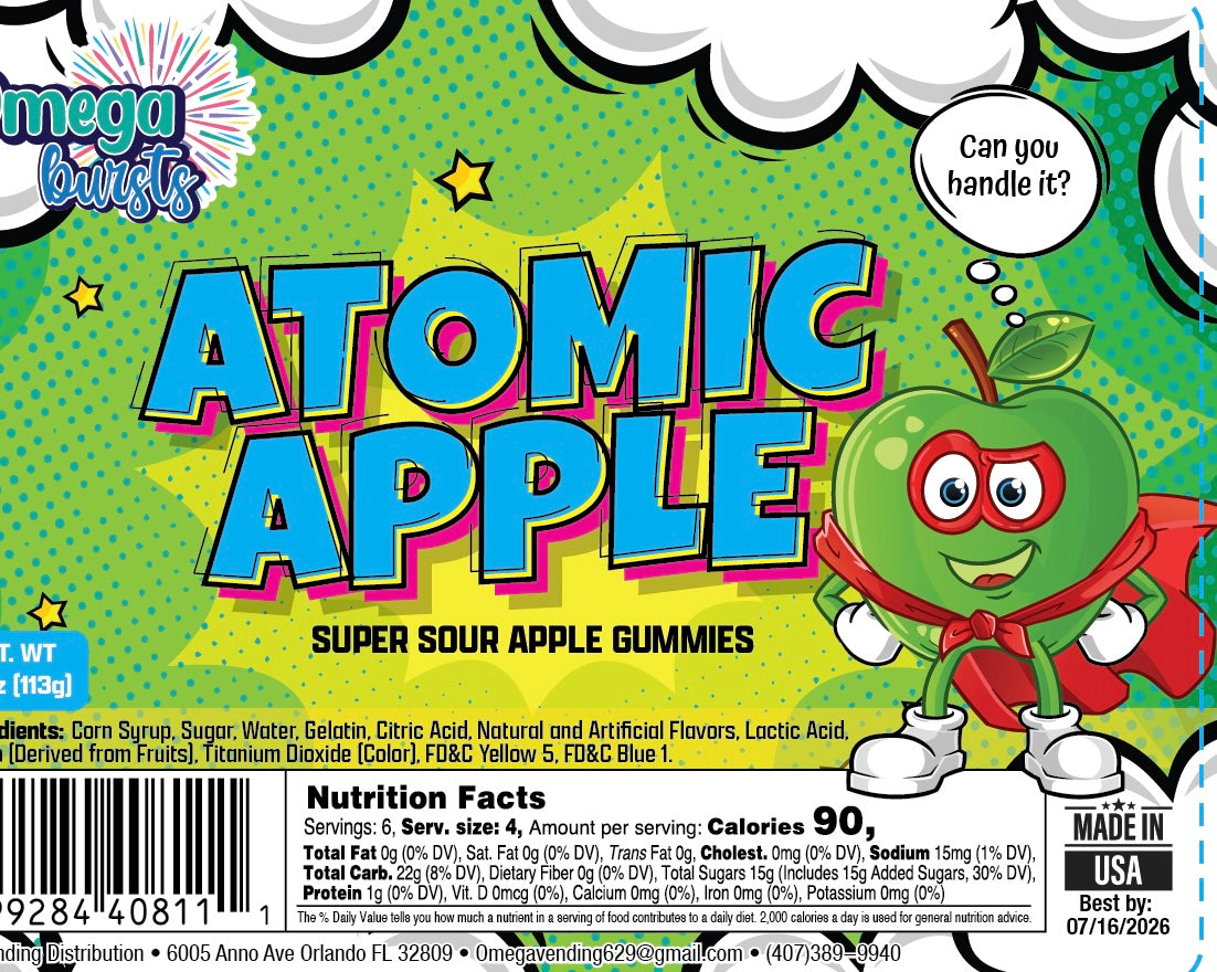🍏 Omega Bursts Atomic Apple – Super Sour Green Apple Gummy Rings (6 oz)