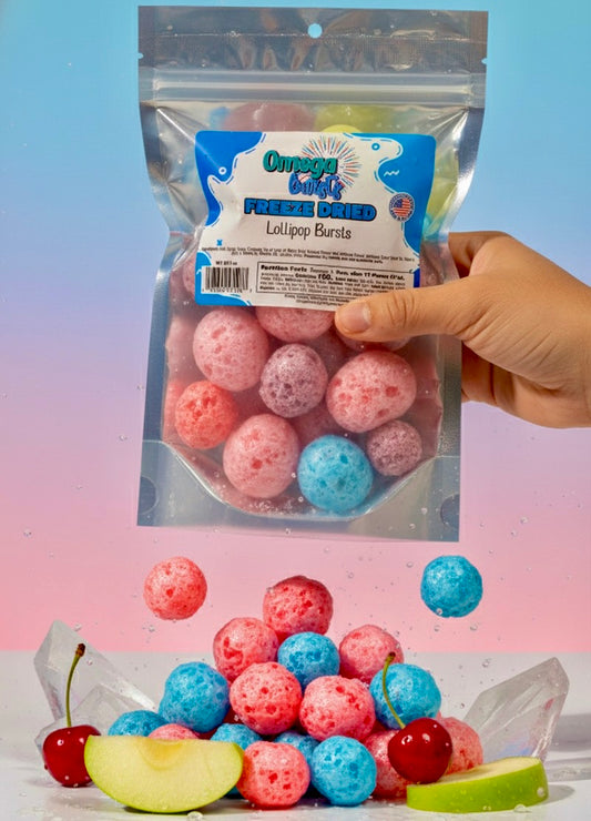 Omega Bursts Freeze Dried Lollipop Bursts – Colorful Candy Crunch, 1 oz Bag | Sweet, Airy, Melt-in-Your-Mouth Snack