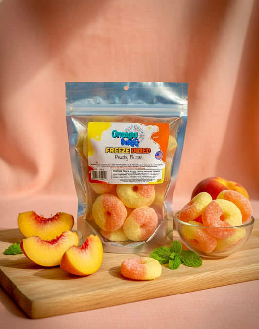 Omega Bursts Freeze Dried Candies – Peachy Bursts (1.5 oz) | Sweet, Fruity, & Crunchy Snack
