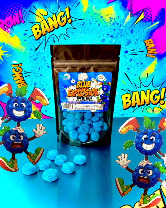 Sour candies - packaging
showcasing vibrant blue raspberry flavor and retro gaming theme.