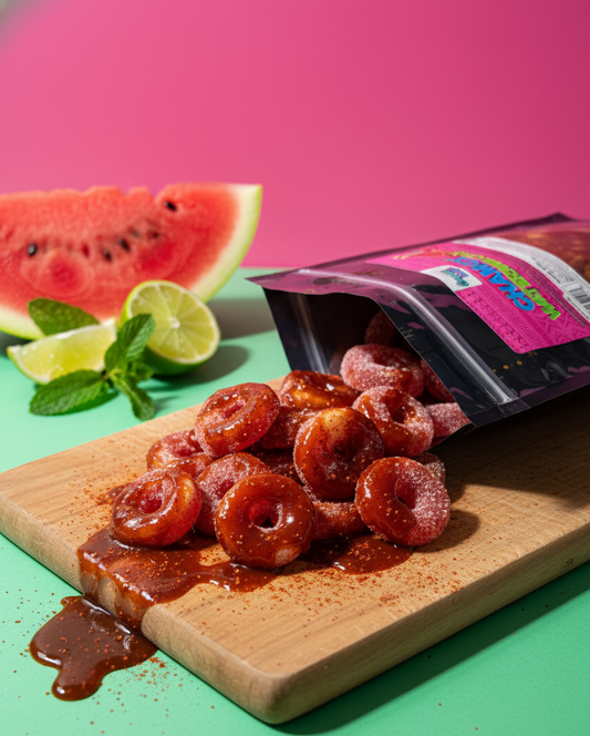 Omega Bursts Chamoy Watermelon Rings – Spicy Sweet Gummy Candy, 6 oz Bag | Chamoy & Tamarind Coated Watermelon Treats