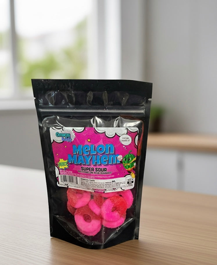 🍉 Omega Bursts Melon Mayhem – Super Sour Watermelon Gummy Rings (6 oz)