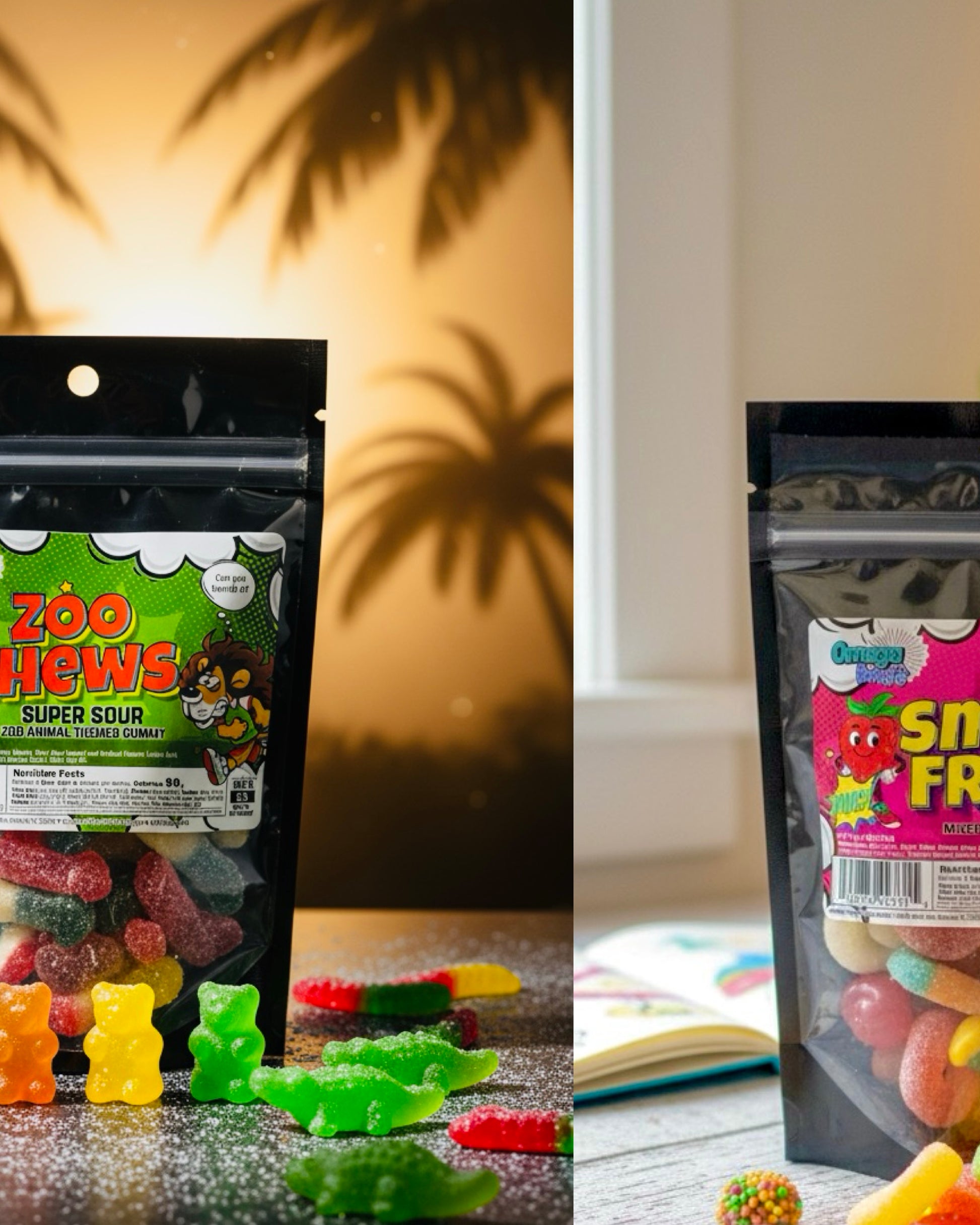 Two packages of gummy candies with colorful labels on a table.